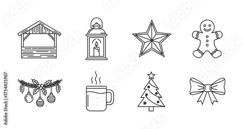 Black outline icons including a gazebo, lantern, star, gingerbread, holiday decor, steaming mug, christmas tree, and bow, representing holiday and winter themes.