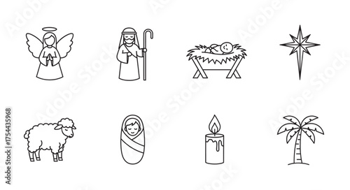 Simple black outline icons depicting various nativity scene elements including an angel, shepherd, baby in a manger, star, sheep, swaddled infant, candle, and palm tree.