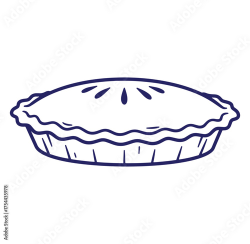 Hand drawn illustration of a whole pie with a crust and ventilation slits isolated