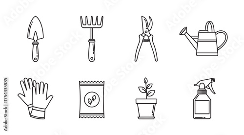 A set of black outline icons depicting various gardening tools and supplies, including a trowel, rake, pruners, watering can, gloves, seed packet, potted plant, and spray bottle.