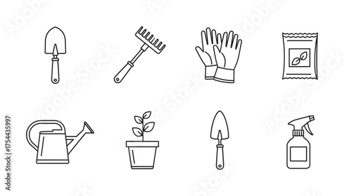 Black outline vector icons of various gardening tools, including shovel, rake, gloves, seed packet, watering can, potted plant, and spray bottle.
