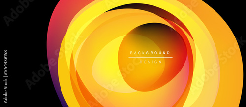Abstract layers create dynamic, colorful circular design. Warm tones dominate, suggesting energy, movement, depth. Central focus draws viewers eye.