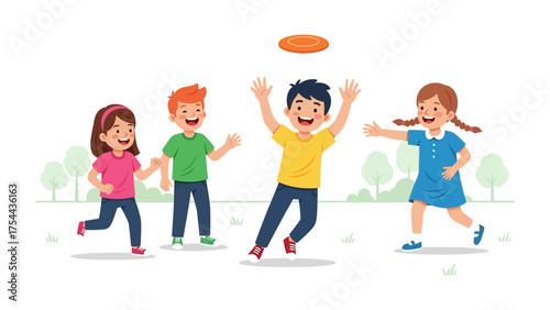 Frisbee Fun in the Park: A cheerful group of children gleefully engage in a spirited game of frisbee in a vibrant park, embodying the essence of pure, unadulterated joy and playful interaction.