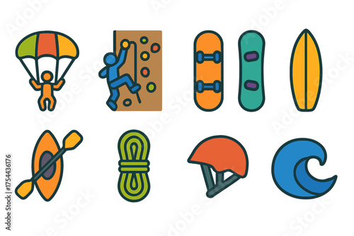 Adventure sports outline icon set. Paragliding, rock climbing, surfing icons collection.
