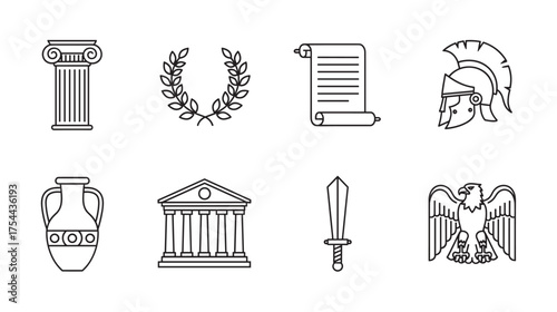 Black outline icons of ancient greek and roman symbols including a column, laurel wreath, scroll, helmet, vase, building, sword, and eagle.