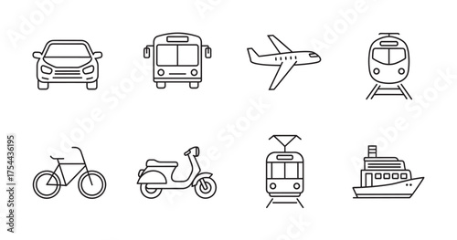 Black outline vector icons of various transportation modes, including a car, bus, airplane, train, bicycle, scooter, tram, and ship.