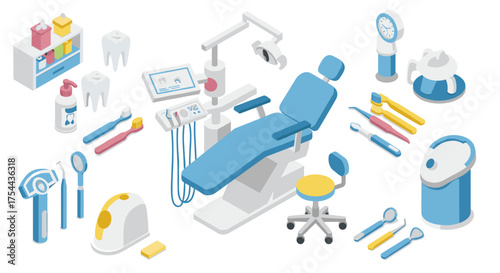 Dental office isometric design with equipment and tools for oral care