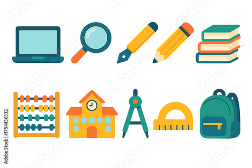Education and school flat icon set. Academic, learning tools flat style collection