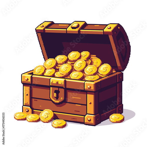 An open wooden treasure chest overflowing with shiny gold coins, depicted in a cartoon vector style.