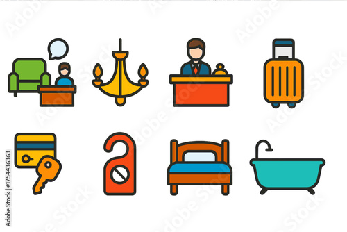 Hotel and accommodation colored icon set. Hospitality icons flat style collection