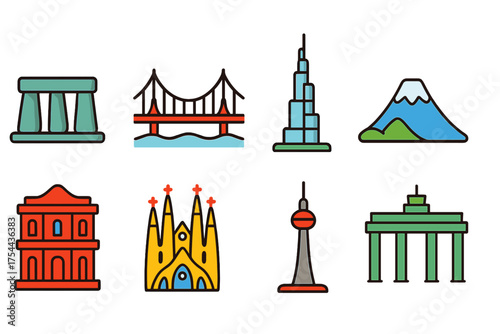 Landmark outline icon set. Famous landmarks, world heritage sites, iconic monuments