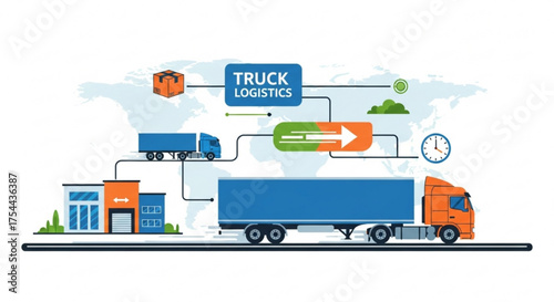 Truck logistics network illustration, showcasing the transportation of goods from warehouse to customer via truck and global network