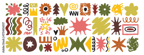 Sharp, bold abstract shapes doodle brush set, grunge style, grunge colors, natural elements and organic motifs, woody, leaves and plants, textured brush hand drawn icons, awkward shapes collection.