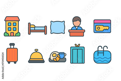 Hotel and hospitality flat icon set. Travel services and lodging icons collection