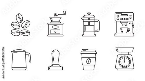 Black outline icons of various coffee-making equipment, including coffee beans, grinder, french press, espresso machine, pitcher, tamper, travel cup, and scale.