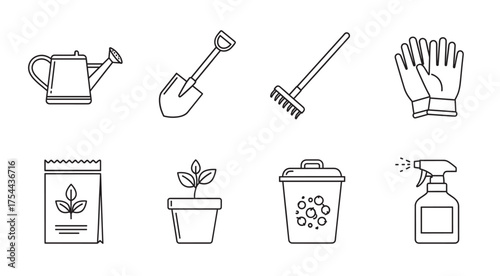 Eight black outline gardening icons, including a watering can, shovel, rake, gloves, soil bag, potted plant, compost bin, and spray bottle.