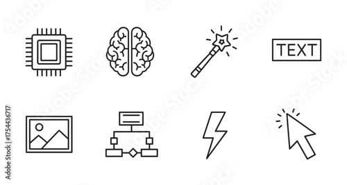 Black outline icons featuring a microchip, brain, magic wand, text label, image frame, flowchart, lightning bolt, and cursor.