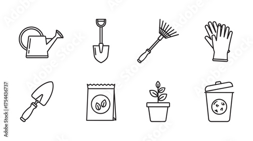 Black outline icons of various gardening tools including a watering can, shovel, rake, gloves, trowel, seed packet, potted plant, and compost bin.