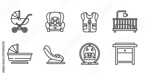 Black outline icons of baby and child furniture and gear, including a stroller, car seat, bib, crib, bassinet, and changing table.
