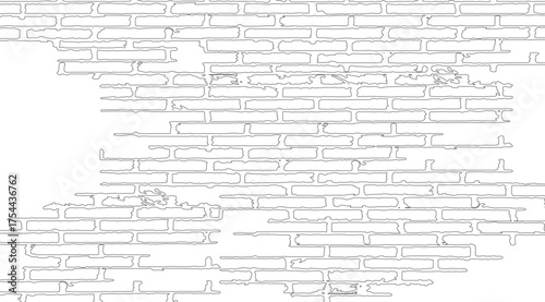 Detailed outline of an old, damaged white brick wall shows a fragmented facade with missing sections and rectangular shapes, perfect for architectural design and background elements