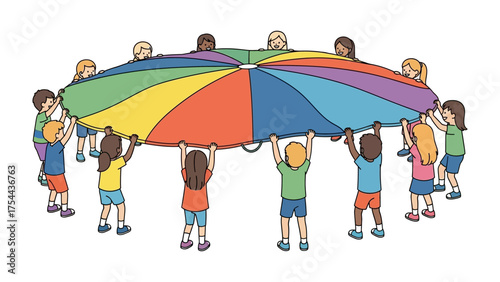 Playful Circle of Unity: A vibrant group of children joyfully unites, holding aloft a colorful parachute in a display of teamwork and shared delight. 