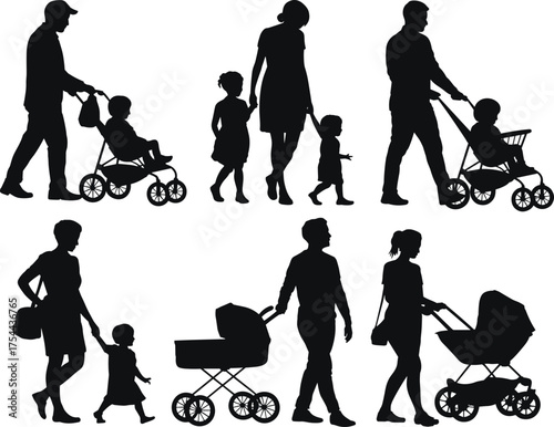 Parents walking with children and baby strollers, family silhouette illustration, parenting care, childhood, outdoor walk, parenthood love concept, vector art