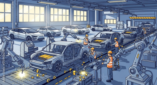 A bustling electric car factory with workers assembling vehicles on a conveyor belt, robots welding, and finished cars lined up, showcasing modern automotive production
