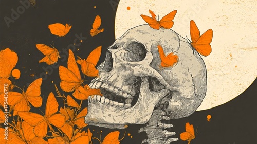 An artistic Halloween illustration featuring a skeleton. Orange butterflies flutter around it, creating a vibrant contrast and a sense of eerie harmony between life and death.
 