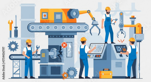 A vibrant illustration of a factory with workers operating machinery, robotic arms, and control panels, showcasing modern industrial automation