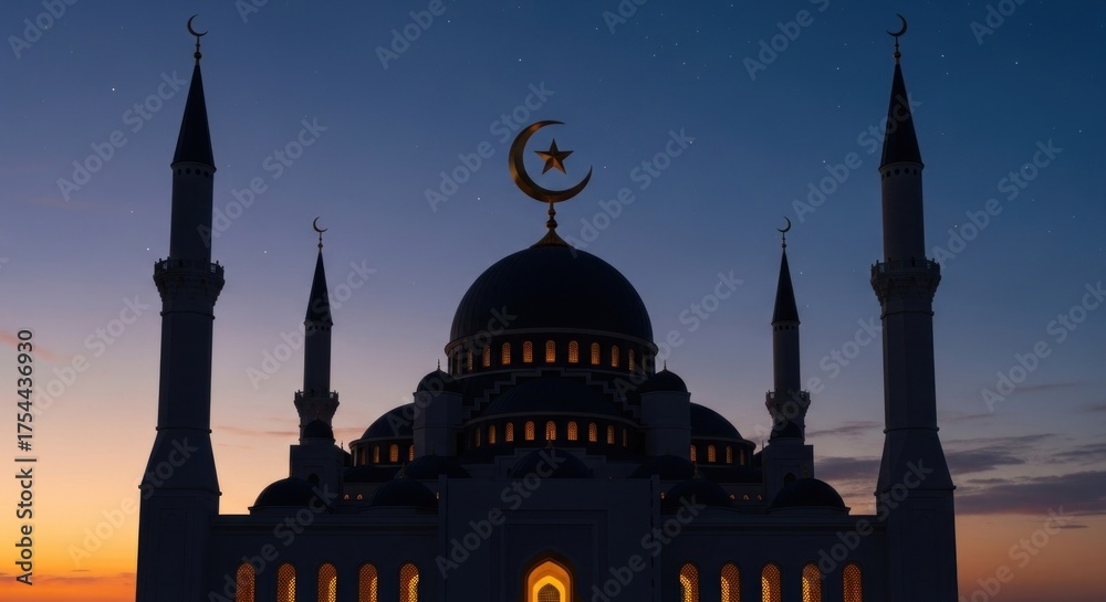 Fototapeta premium Silhouette of a mosque with a crescent moon at sunset.