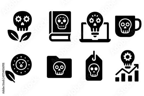 Day of the dead solid icon set. Dia de los muertos skulls, traditions, and culture.