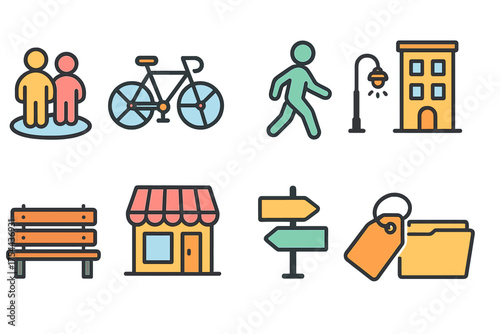 Urban lifestyle flat icon set: city life, street, community in vibrant colors