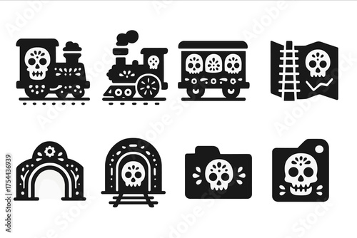 Day of the dead silhouette icon set. Dia de los muertos train-themed icons