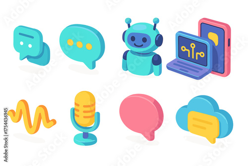 Chatbot and messaging 3d icon set. Ai technology, communication symbols collection.