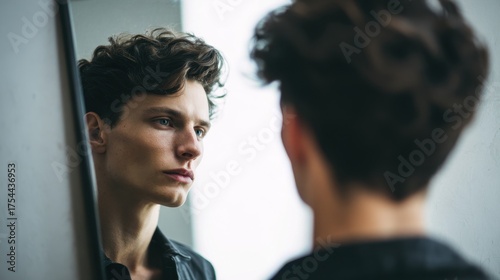 Transgenderism Concept. Young Adult Caucasian Man Contemplating Appearance and Beauty Choices