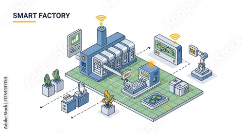 Isometric smart factory illustration showcasing automation, robotics, and advanced technology for efficient production and datadriven decisionmaking