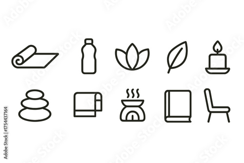 Wellness and spa outline icon set. Relaxation, meditation, yoga, aromatherapy icons