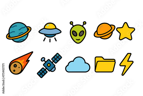 Space, astronomy flat icon set. Ufo, alien, planet, star and more flat icons collection