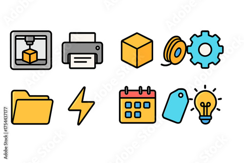 Technology and gadgets flat icon set. 3D printing, gadgets, and tools icons collection