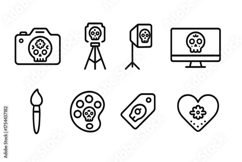Mexican day of the dead outline icon set. Skulls, celebrations, holiday symbols.