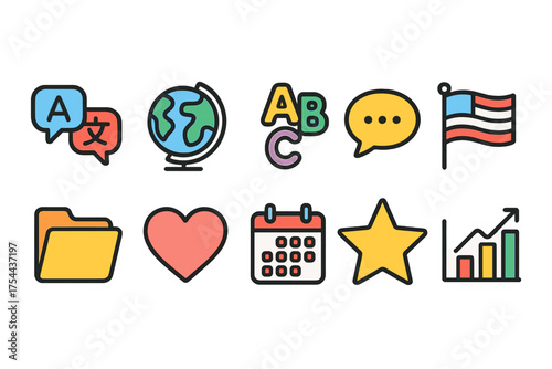 Education and communication flat icon set. Learning, global, language icons collection