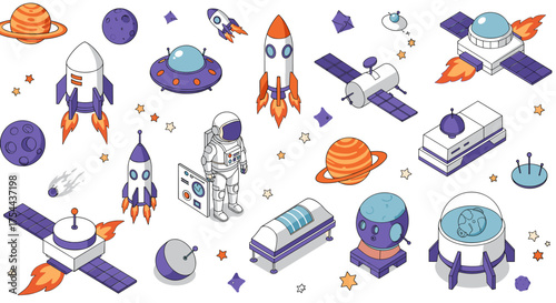 Isometric space exploration set with rockets, planets, and astronaut iconography