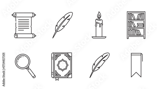 Eight black outline icons featuring a scroll, quill, candle, bookshelf, magnifying glass, ornate book, and bookmark, representing literary and scholarly themes.