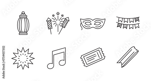 Black outline icons representing a lantern, fireworks, mask, bunting, explosion, musical note, ticket, and ribbon for celebration and event themes.