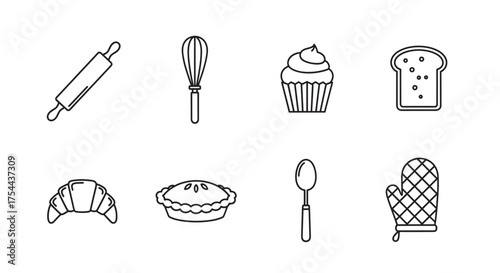 Black outline icons of rolling pin, whisk, cupcake, bread slice, croissant, pie, spoon, and oven mitt on a white background.