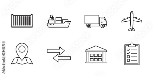 Set of eight black outline icons representing logistics concepts, including a container, ship, truck, airplane, map pin, direction arrows, warehouse, and checklist.