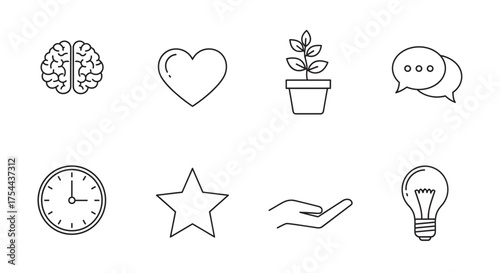 Black outline icons representing a brain, heart, potted plant, speech bubbles, clock, star, hand, and light bulb, arranged in two rows for conceptual themes.