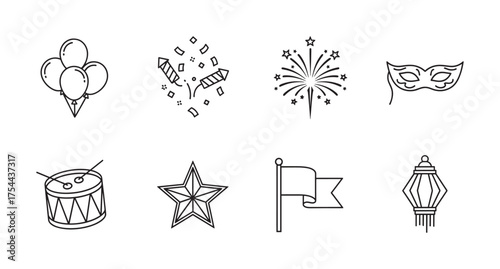 Simple black outline icons representing festive elements including balloons, fireworks, a mask, a drum, a star, a flag, and a lantern.