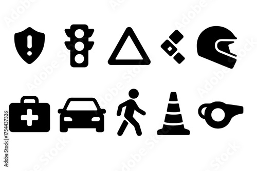 Traffic and safety solid icon set. Road, vehicle, and pedestrian symbols collection