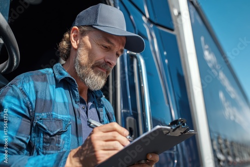Trucking Paperwork - Portrait of Professional Truck Driver with Clipboard Checking Checklist by Truck Vehicle